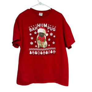 Men's Tee Short Sleeve XL Red Christmas Pug, "Bah Hum Pug"